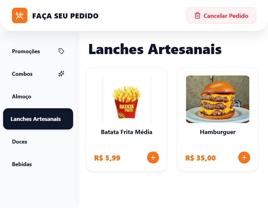 Totem de autoatendimento: categorias à esquerda, produtos com foto e preço à direita.